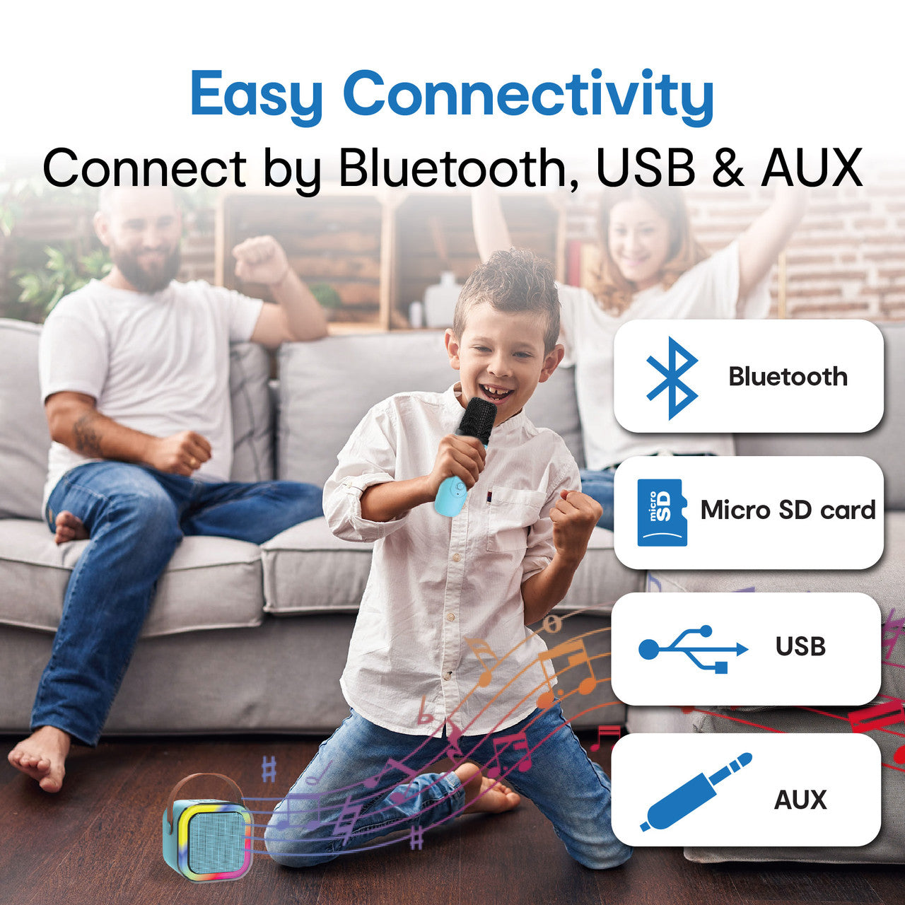 Blue Mini Karaoke Speaker with 2 Wireless Mics - Laser