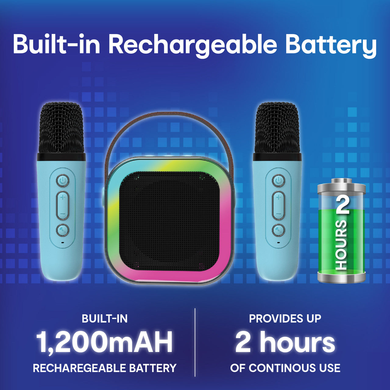 Blue Mini Karaoke Speaker with 2 Wireless Mics - Laser