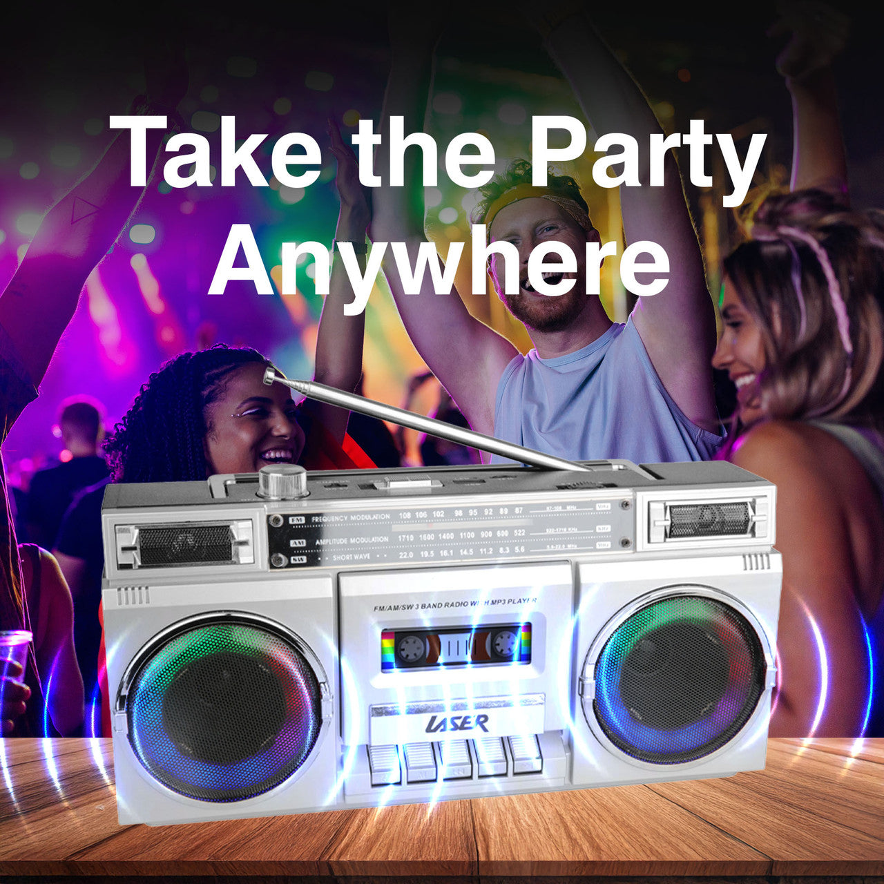 80s Party Bluetooth BoomBox Sliver - By Laser